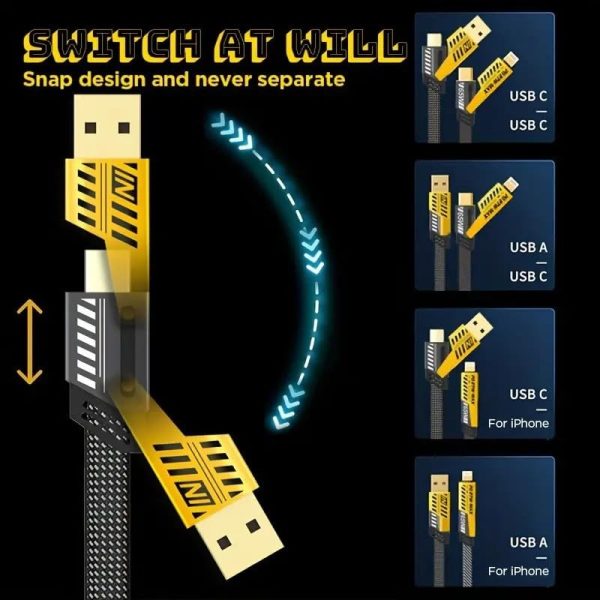 کابل شارژ و انتقال داده ۴ در ۱ مدل FlatFlex 65W با طراحی تخت و اتصالات مقاوم - تصویر 3