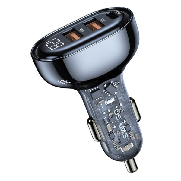 شارژر فندکی USAMS Icicle Series 125W – ۳ پورت (Type-C + 2×USB-A) با نمایشگر دیجیتال شفاف